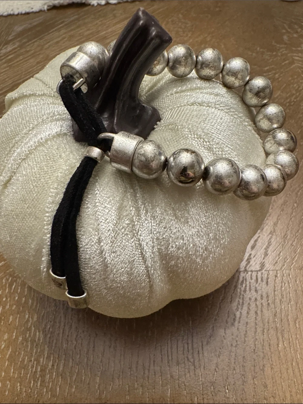 Silver Bead Stretch Bracelet - adjustable with black velvet rope